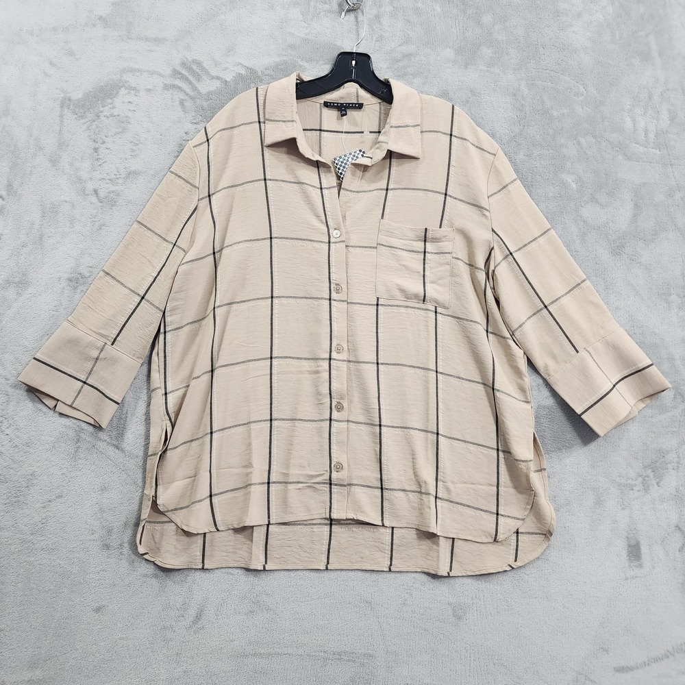 NEW Como Black Shirt Womens XL Beige Check Button Front Tunic Top Lightweight